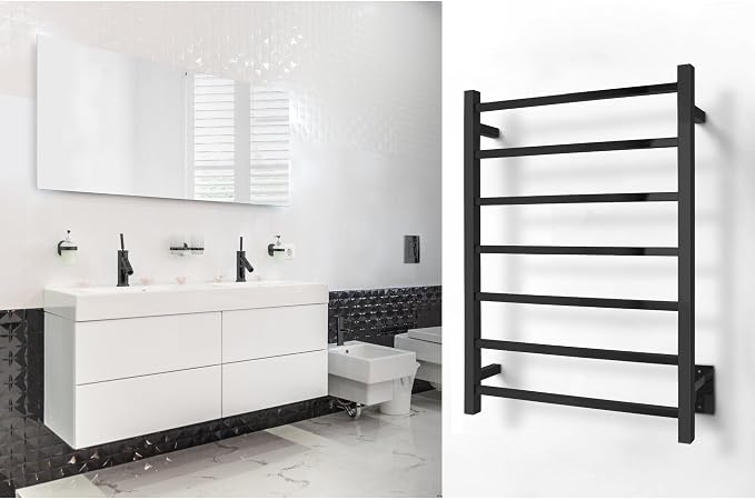 WarmlyYours Tahoe Heated Towel Rack, 7 Bars, Matte Black | Hardwired 120V heated towel rack for spa-like bathroom comfort, 427 BTU/hr, energy-efficient towel drying