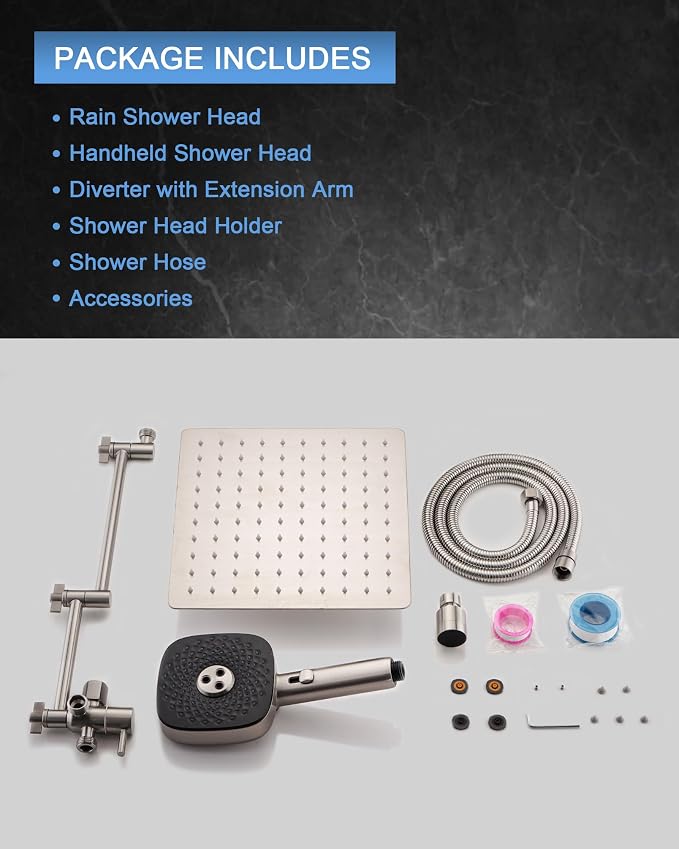 10" Rainfall Shower Head with Handheld Combo, High Pressure Dual Showerhead with Square Rain& Magnetic Hand Sprayer, 15" Adjustable Metal Extension Arm (Brushed Nickel)