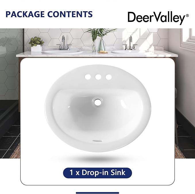 DeerValley 20x17 Inch Oval Ceramic Drop-in Bathroom Sink, White Vessel Sink with Overflow and Three Faucet Holes at 1.25-inch Centers, Modern Art Basin, DV-1DS0120