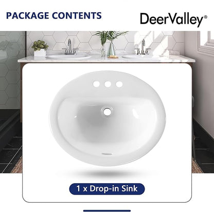 DeerValley 20x17 Inch Oval Ceramic Drop-in Bathroom Sink, White Vessel Sink with Overflow and Three Faucet Holes at 1.25-inch Centers, Modern Art Basin, DV-1DS0120