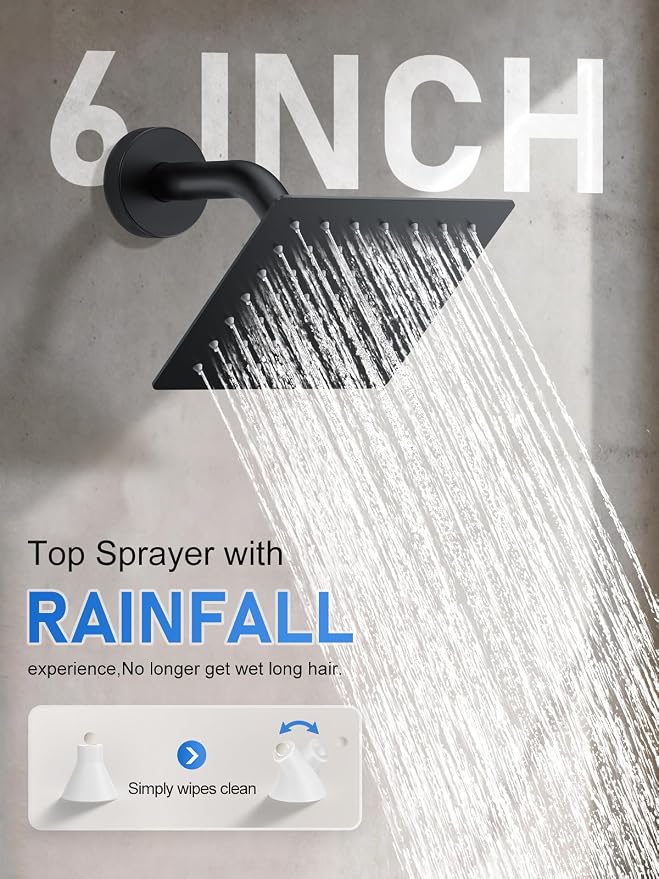Woindo Shower Faucet Set, 10" Ceiling Mount Rainfall Shower System with 2 Rain Shower Head and Multi-function Handheld Head Push Button Diverter Shower Faucet Trim Kit