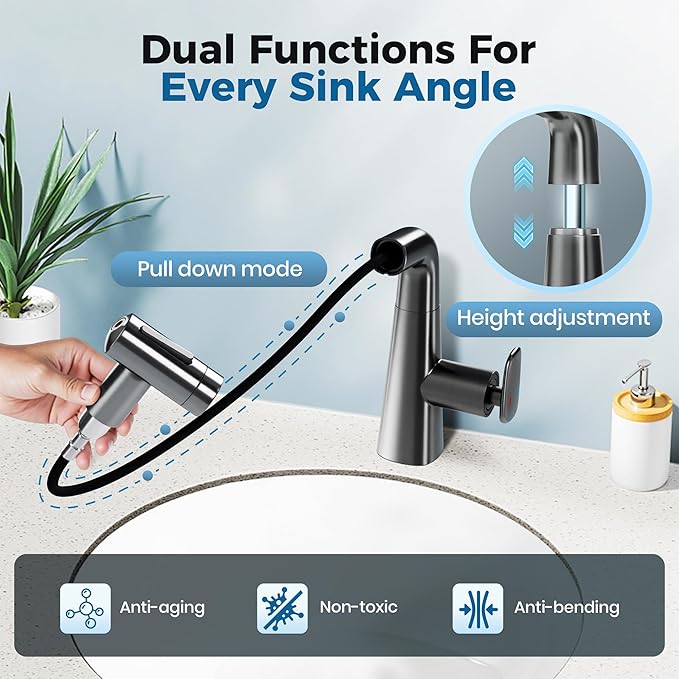 Bathroom Sink Faucet with Pull Down Sprayer,3 Mode Single Handle Vanity Faucet,Kitchen Faucet with 360° Swivel &Pull Down Sprayer