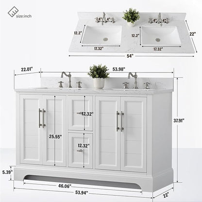 HOMEBEYOND 54 Inch Bathroom Vanity with Double Sink & Ceramic Top, Vanity Cabinet with Center Countertop Basin, Soft-Closing Doors, Backsplash, White