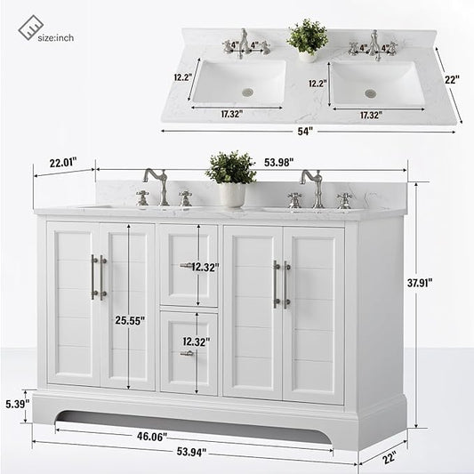 HOMEBEYOND 54 Inch Bathroom Vanity with Double Sink & Ceramic Top, Vanity Cabinet with Center Countertop Basin, Soft-Closing Doors, Backsplash, White