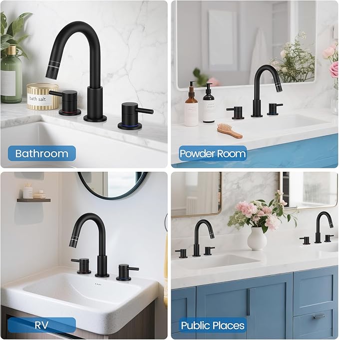 Bathroom Faucet 3 Hole, 8 Inch Widespread 2 Handle Pull Down Bathroom Sink Faucets with Pop Up Drain and 360° Swivel Spout,Matte Black