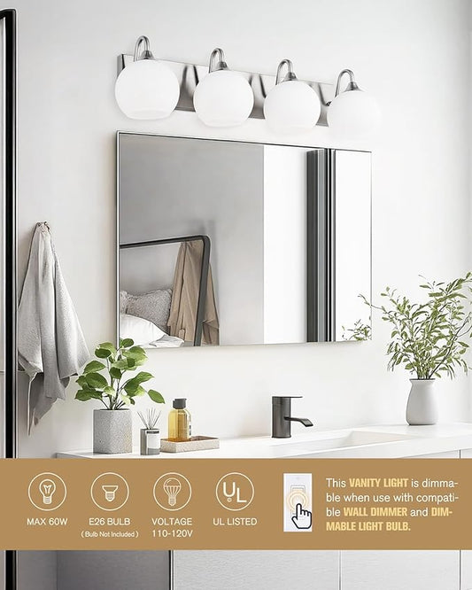 Emak Modern 4-Light Bathroom Lighting Fixtures Over Mirror, Brushed Nickel Vanity Light with Milk Glass Shade, 29 Inch Globe Vanity Lights for Bathroom, Mirror, VL118-BN-ML-4