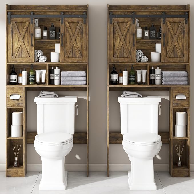Vabches Over The Toilet Storage Cabinet with Sliding Doors, Rustic Brown | Farmhouse Storage Cabinet Over Toilet, Home Space-Saving Toilet Rack, Toilet Paper Holder Stand,for Restroom,Bathroom,Laundry