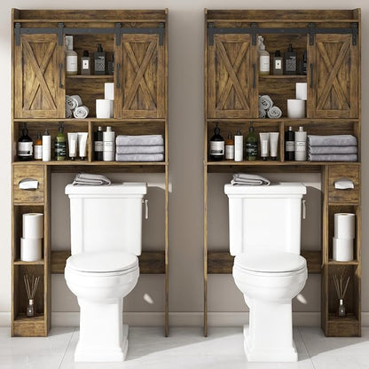 Vabches Over The Toilet Storage Cabinet with Sliding Doors, Rustic Brown | Farmhouse Storage Cabinet Over Toilet, Home Space-Saving Toilet Rack, Toilet Paper Holder Stand,for Restroom,Bathroom,Laundry
