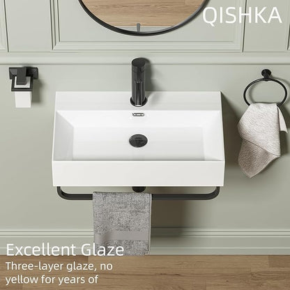 Wall Mount Rectangular Vessel Sink with Towel Rack, QISHKA 24"x14" Modern Ceramic Bathroom Floating Sink, White Rectangle Vanity Sink with Overflow, Wall Hung Wash Hand Basin