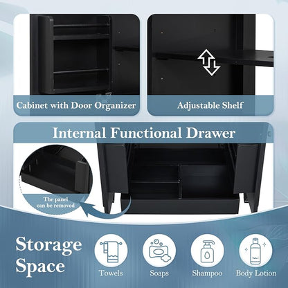 Christopher Knight Home Benton 30" Bathroom Vanity with Ceramic Sink, Rubberwood Frame, Adjustable Shelves, Soft Close Door Hinges, Storage Cabinet with 2-Tier Door Organizer, 1 Drawer, Black