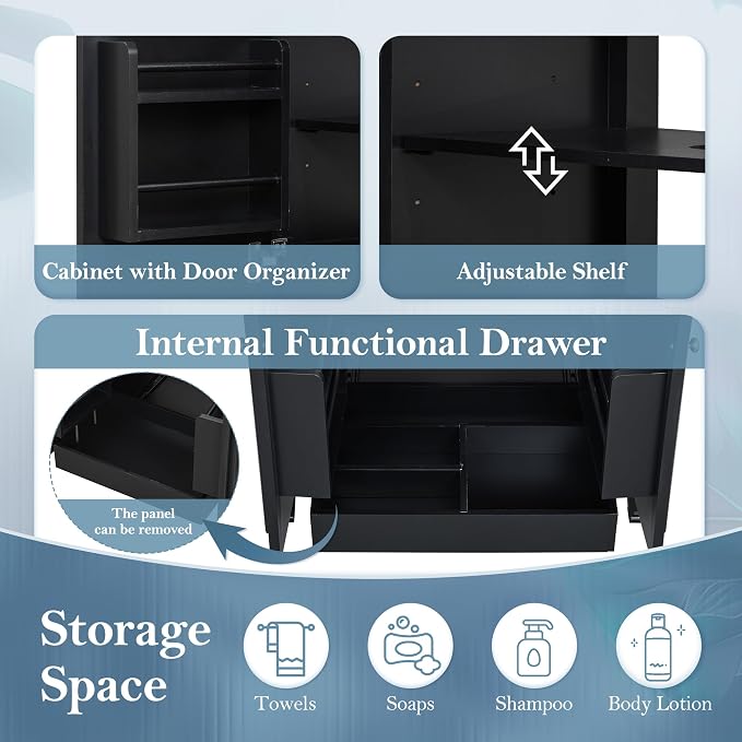 30" Bathroom Vanity with Sink, Storage Cabinet with Drawer, Two Doors with Shelf, Soft Close Door Hinges, Vintage Style, Black