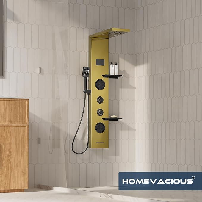 Homevacious 4 In 1 Shower Panel System with Shelf,LED Rain Shower Head and Adjustable Massage Body Jets,3 Functions Handheld Head and Tub Spout,Stainless Steel Bathroom Shower Fixtures,Polished Gold