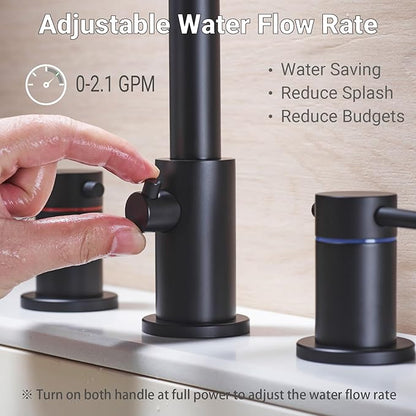 Bathroom Faucet 3 Hole Matte Black - Flow-Setting 8 Inch Widespread Bathroom Sink Faucet with 360° Swivel Spout for Small Vanity, with Overflow Pop Up Drain and cUPC Waterlines