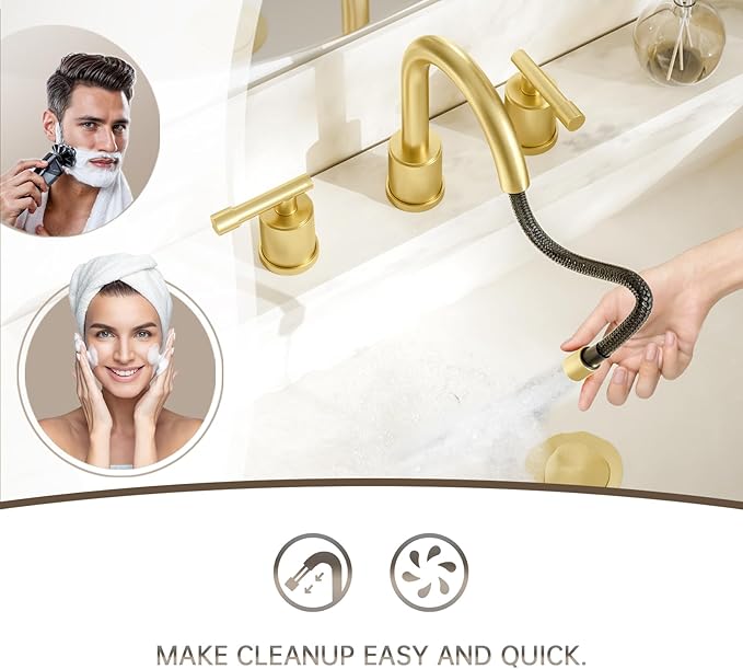 Phiestina Brushed Gold Bathroom Faucet Pull Down- 8 Inch Widespread 3-Hole with Pull-Out Sprayer,Lead-Free Stainless Steel,Metal Pop-Up Drain,Water Supply Lines,2 Handles,WFZY01CL-BG