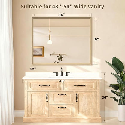 Oak Wood Effect Framed Wall Mirror, 32x40 Rectangle Mirror, Anti-desilvering Tempered Glass, Sustainable& Sturdy Frame, Anti-Rust, HD Reflection &3min Fast Setup for Bathroom Living Room