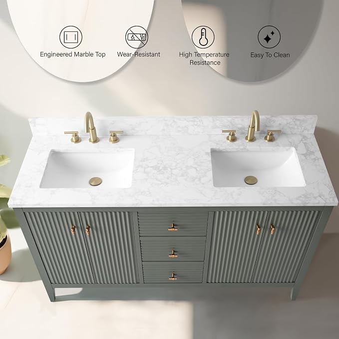 Vanity Art 60 inch Bathroom Vanity with Double Sink & Ceramic Top, Vanity Cabinet with Soft-Closing Door, Solid Wood Frame, Linear Pattern, Vintage Green, VA9160-DVG-MB,Matte Black Handles