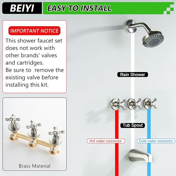 3 Handle Shower Faucet Set with Tub Spout Brushed Nickel Tub and Shower Trim Kit Bathtub Shower Faucets Completes Three Knob