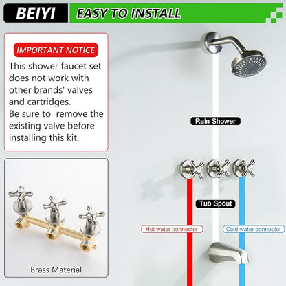 3 Handle Shower Faucet Set with Tub Spout Brushed Nickel Tub and Shower Trim Kit Bathtub Shower Faucets Completes Three Knob