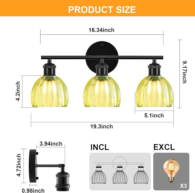 Bathroom Light Fixtures, 3-Light Brushed Black Vanity Lights for Bathroom with Green Tulip Glass Shade, 20" Vintage Bathroom Vanity Lighting Fixtures Over Mirror for Bedroom Living Room Hallway