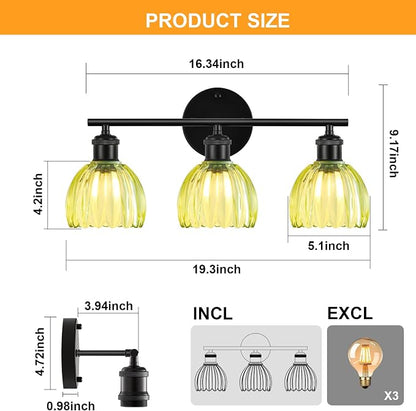 Bathroom Light Fixtures, 3-Light Brushed Black Vanity Lights for Bathroom with Green Tulip Glass Shade, 20" Vintage Bathroom Vanity Lighting Fixtures Over Mirror for Bedroom Living Room Hallway