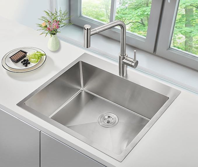 25 x 22 Inch Drop In Kitchen Sink 18 Gauge 304 Stainless Steel | 25"x22" Drop-in Sink | 18 Ga 304 SS | 1-hole | Topmount | Single Bowl | 9" Deep Basin| Large kitchen/prep