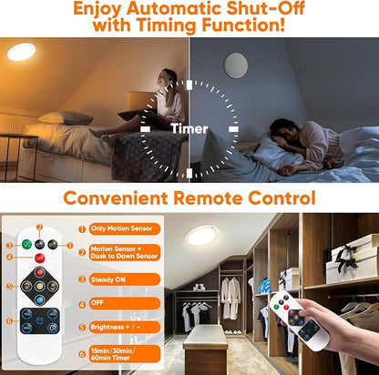 Rechargeable Motion Sensor Ceiling Light, Battery Operated Closet Light | Wireless Battery Powered LED Shower Light, Magnetic Cordless Ceiling Light with Remote, Overhead Lamp for Pantry Shed, 6-Pack