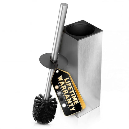 Silver Toilet Brush and Holder Set, Stainless Steel (Square) | Toilet Brush with Holder Set for Bathroom, Splash Protection & Dense Bristles for Bathroom Cleaning, Removable Inner Bowl