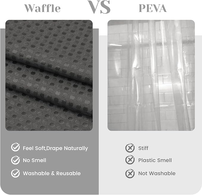 SORTTO No Hook Shower Curtain with Snap in Liner Set Waffle Shower Curtain for Bathroom Hotel Style Fabric Waterproof Inner Liner，54" W x 80" H, Dark Grey
