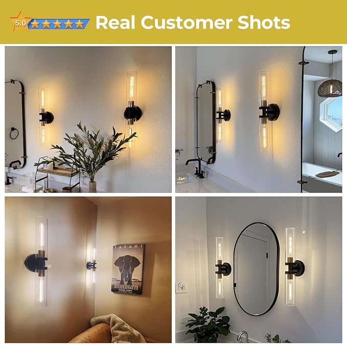 Black and Gold Wall Sconce, Bathroom Sconces Wall Lighting with Clear Glass, Modern Sconces Wall Light fixtures for Bathroom Mirror Living Room Hallway Bedroom