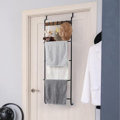Over The Door Towel Rack Bathroom Behind Door Towel Holder with Hooks 5 Tier Over The Door Towel Bar Hanger Organizer for Bathroom Bedroom Bathroom Accessories, Metal (Black)
