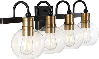 JONATHAN Y 29.75" Black/Brass Gold Vintage Wall Sconce, LED Vanity Light for Bathroom Bedroom Entryway, Clear Glass Globe Shade, Modern Industrial Arched Lamp, LED Bulb Included (JYL3529A)