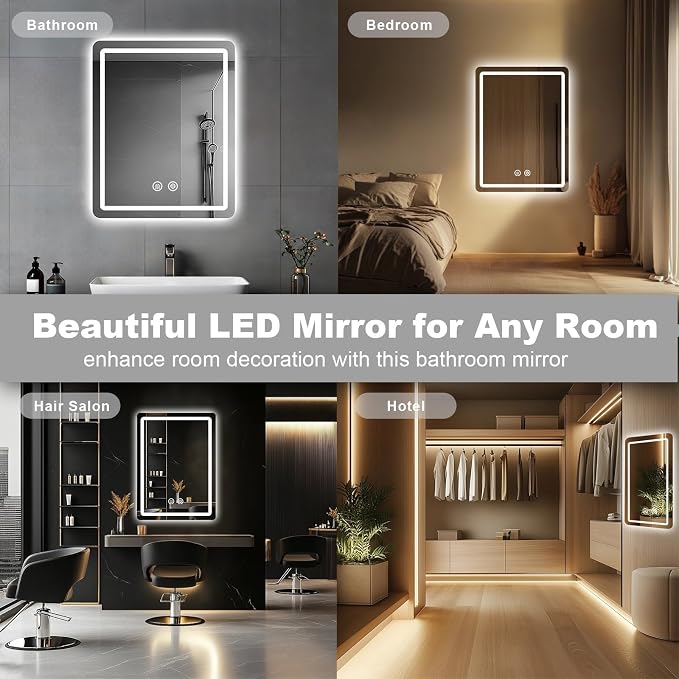 LED Bathroom Mirror, 20x28 in Vanity Mirrors with Backlit Lights for Shaving, Fogless Makeup Mirror Wall Mounted with Demister, Dimmable 3 Color Lighting, IP54, Vertically Only