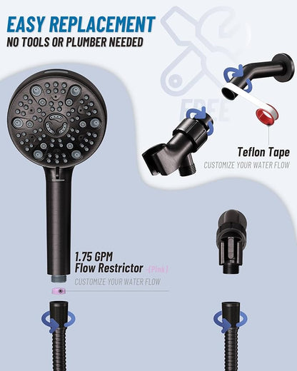 Filtered Handheld Shower Head for Hard Water, High Pressure Showerhead with 7 Spray Modes, Power Jet & Pause, Detachable & Adjustable for Healthier Skin & Hair - Chrome(VMASSTONE HM-003)