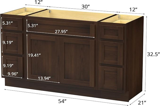 54 Inch Bathroom Vanity Base Only, Single Vanity Cabinet with 5 Dove-Tailed Drawers, Soft-Closing Doors, Brown, Without Top,Small
