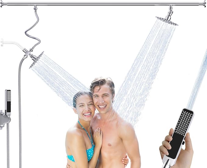 Dual Shower Head for Couples with 6-Mode Diverter, Polished Chrome | 304 Stainless Steel, Adjustable High Pressure Double Shower Head, Couples Gift, Renter-Friendly, Fits 53"-74" Wide Bathrooms