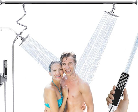 Dual Shower Head for Couples with 6-Mode Diverter, Polished Chrome | 304 Stainless Steel, Adjustable High Pressure Double Shower Head, Couples Gift, Renter-Friendly, Fits 53"-74" Wide Bathrooms