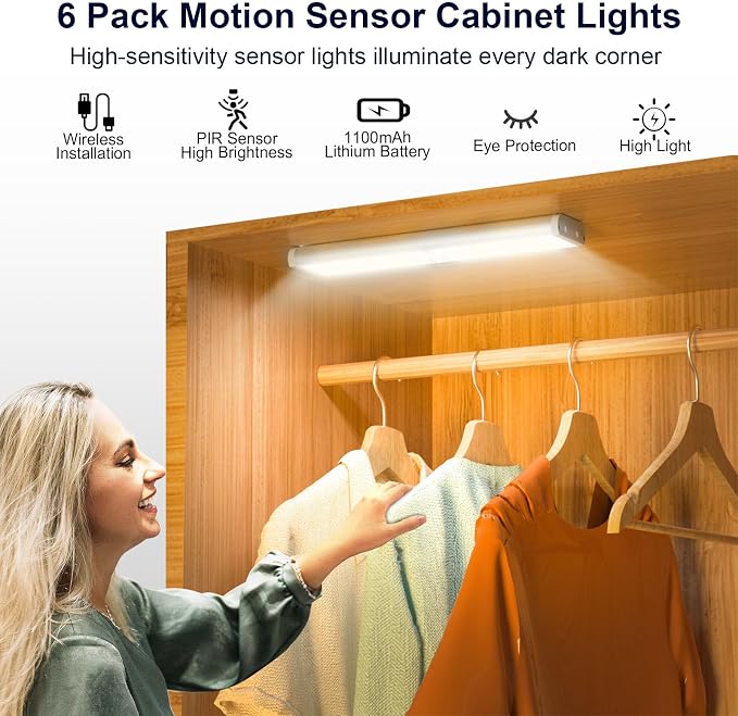 Under Cabinet Lights, Rechargeable Motion Sensor Light, 6 Pcs | 15 Colors, 58-LED Wireless Cabinet Lighting, Dimmable LED Closet Lights, Timer, Indoor Night Lights