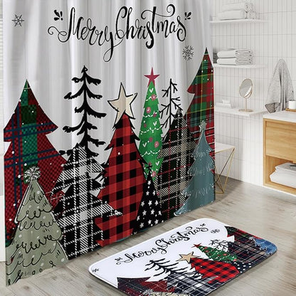 Clara Clark Bathroom Accessories Set - Christmas Shower Curtain Set, 27PC Xmas Bathroom Set with Adhesive Corner Shower Caddy Hanging, Christmas Bathroom Sets with Shower Curtain and Rugs