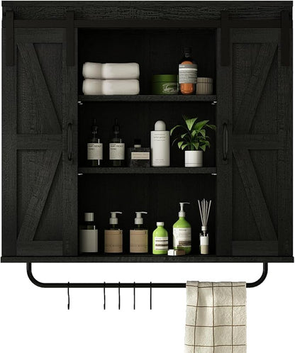 RUSTOWN Rustic Wood Wall Storage Cabinet with Two Sliding Barn Door, 3-Tier Decorative Farmhouse Vintage Cabinet for Kitchen Dining, Bathroom, Living Room,Black