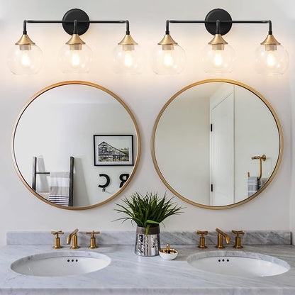 Bathroom Light Fixtures 3 Light Bathroom Vanity Light with Clear Glass Shade, 22 inch Vanity Lighting Fixtures Over Mirror, Black and Gold Vanity Lights Fixture (Exclude E26 Bulb)