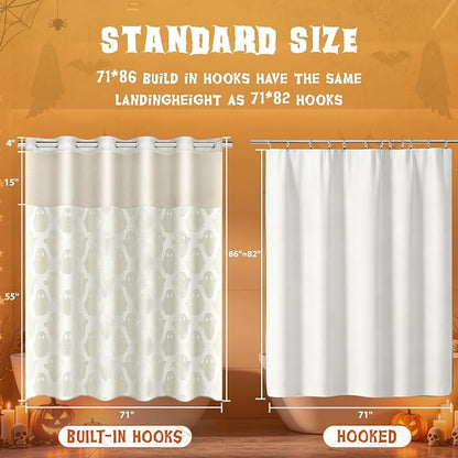 FADOTY No Hook Shower Curtain Set with Snap in Liner, Ghost, 71'' x 74'' | Bathroom Hotel Fabric Curtain, Waterproof Washable Liner, See Through Top Window, Ringless Ghost Tufted Cloth Curtain