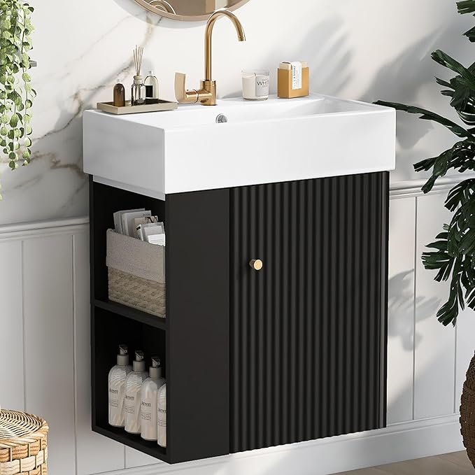 Harper & Bright Designs 21.6" Bathroom Vanity with Sink, Wall-Mounted Single Basin Vanity Set with Cabinet & Two-Tier Left Side Storage Shelf, Storage Cabinet with Ceramic Basin for Bathroom, Black