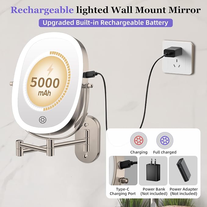 FUNTOUCH 5000mAh Rechargeable Wall Mounted Lighted Makeup Mirror,Nickel | Double Sided 30X/1X Magnifying Mirror Wall Mounted,Extended Arm 360°Rotation,Touch Dimmable,3 Color Lights for Bathroom