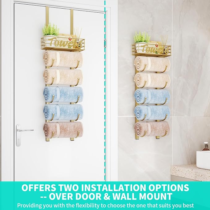 HapiRm Towel Racks for Bathroom Storage - 6 Tier Over The Door & Wall Mount Rolled Towel Storage Organizer Holder with Metal Shelf Basket for Small Bathroom, Camper, Rv - Gold, Patented