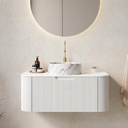 36'' Bathroom Vanities Cabinet with Sink Combo, Wall Mounted Floating Cabinet W/Curved Edges Stripes, Oak Plywood, Soft-Close System with a Drawer, White Round Ceramic Basin - Kiel, White/S