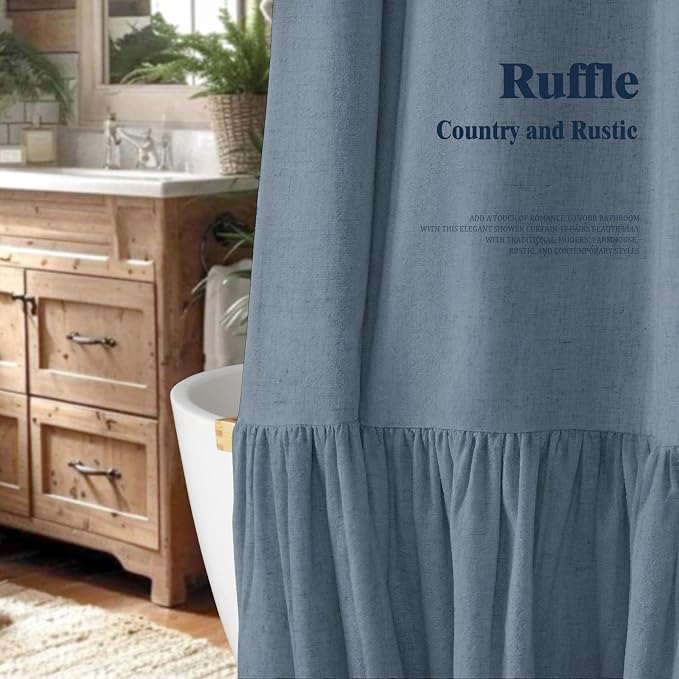Farmhouse Shower Curtain Ruffle Linen Flax Blue Grey 72" W x 72" L | Linen Fabric, Farmhouse Boho, Bottom Ruffle, Rustic, Country, Natural Look, Washable, Shower Curtain for Bathroom Bathtub