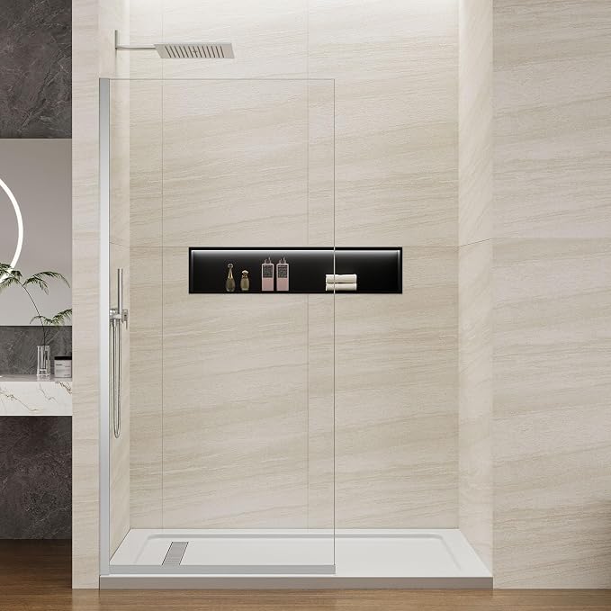 Shower Screen 36" x 76" Half Frameless Shower Wall Panel, Tempered Glass 3/8 inch, Easy to clean Coating, Fixed Glass Shower Door with Hardware (Brushed)