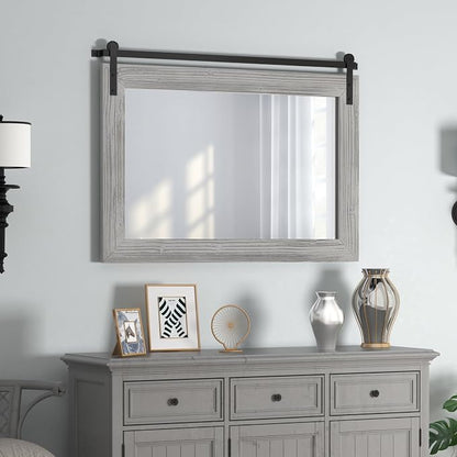 COGOOD Farmhouse Bathroom Mirrors for Over Sink - 26 x 41 Grey | Rustic Barn Door Wood Framed Vanity Mirror for Entryway, Living Room, Bedroom, Dresser Wall Decor