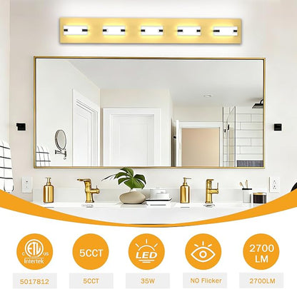 LED Bathroom Light Fixtures, 5-Light Modern Vanity Lights with Milky White Frosted Acrylic Shades, Gold Bathroom Lighting Fixtures Over Mirror, ETL Listed, 35W 5CCT Adjustable