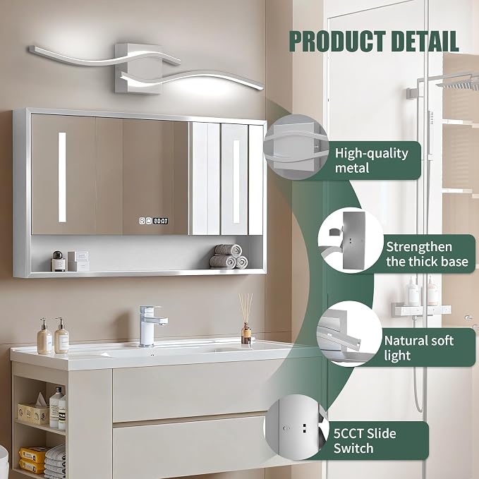 23inch Led Bathroom Vanity Light Bar, Brushed Nickel 5CCT Dimmable 2700-6500K Vanity Lights for Bathroom, Modern Bathroom Light Fixtures Over Mirror Led Lighting Fixtures